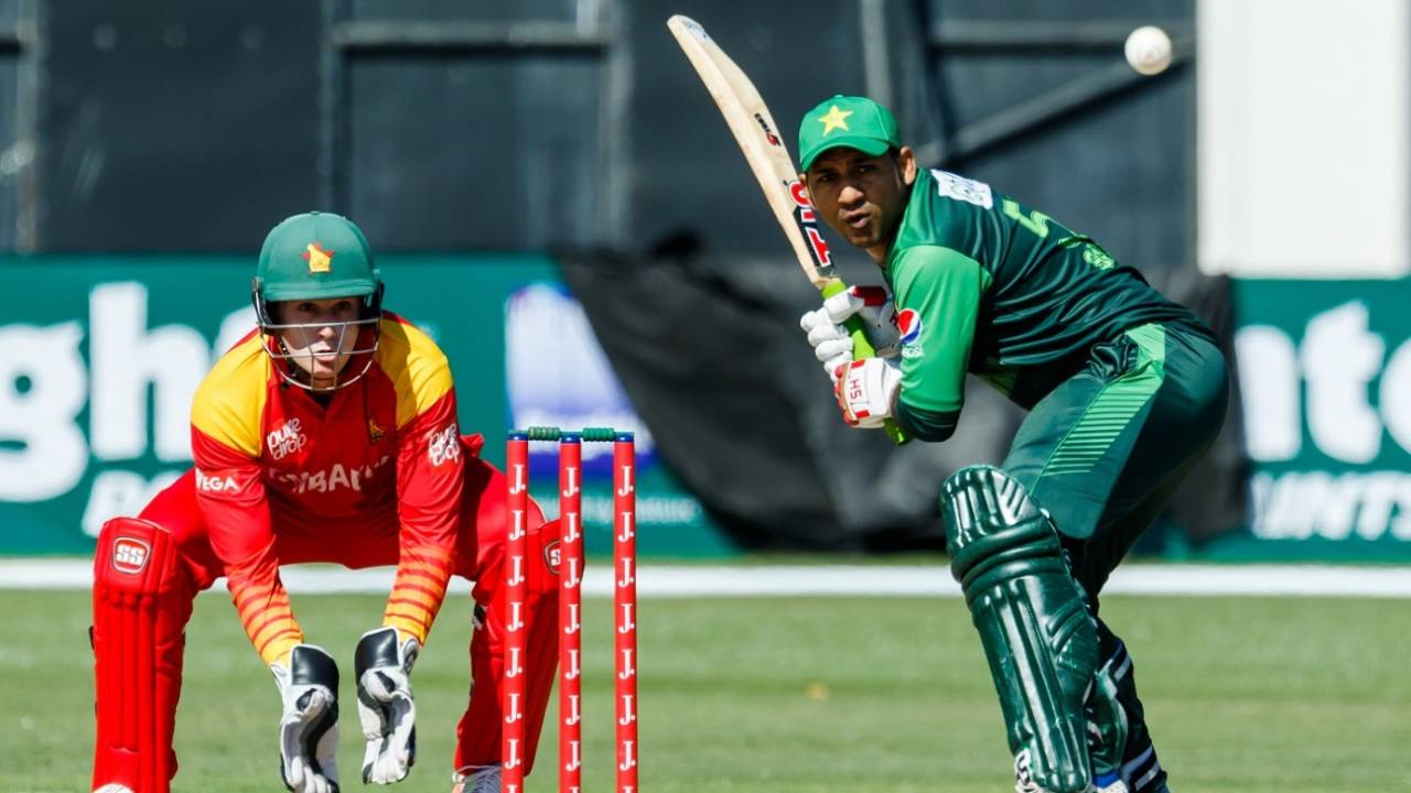 Sarfraz Ahmed steps down the track to meet the ball, Zimbabwe v Pakistan, T20I tri-series Match 1, Harare, July 1, 2018