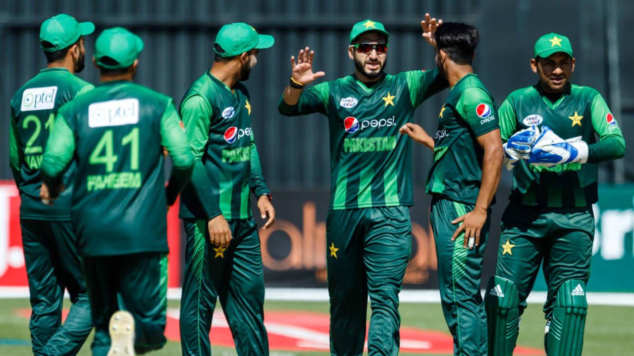The Pakistan players celebrate a wicket, Zimbabwe v Pakistan, T20I tri-series, 1st T20I, Harare, July 1, 2018