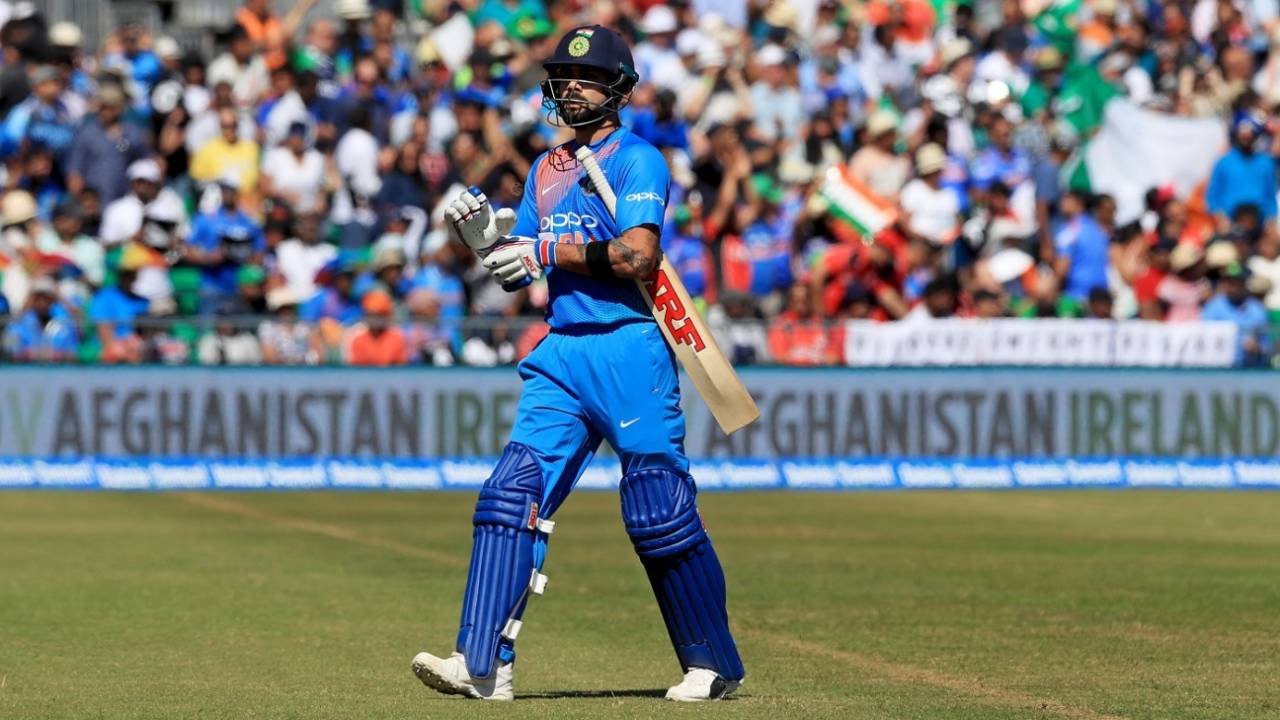 Virat Kohli walks off after holing out to deep square leg, Ireland v India, 2nd T20I, Dublin, June 29, 2018