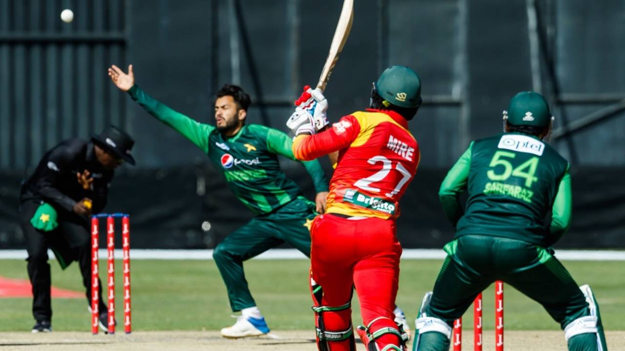 Mohammad Nawaz attempts to stop a Solomon Mire shot, Zimbabwe v Pakistan, Zimbabwe T20I tri-series, Harare, July 4, 2018