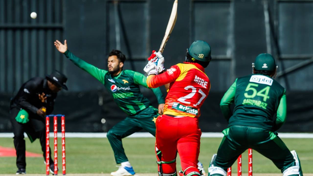 Mohammad Nawaz attempts to stop a Solomon Mire shot, Zimbabwe v Pakistan, Zimbabwe T20I tri-series, Harare, July 4, 2018