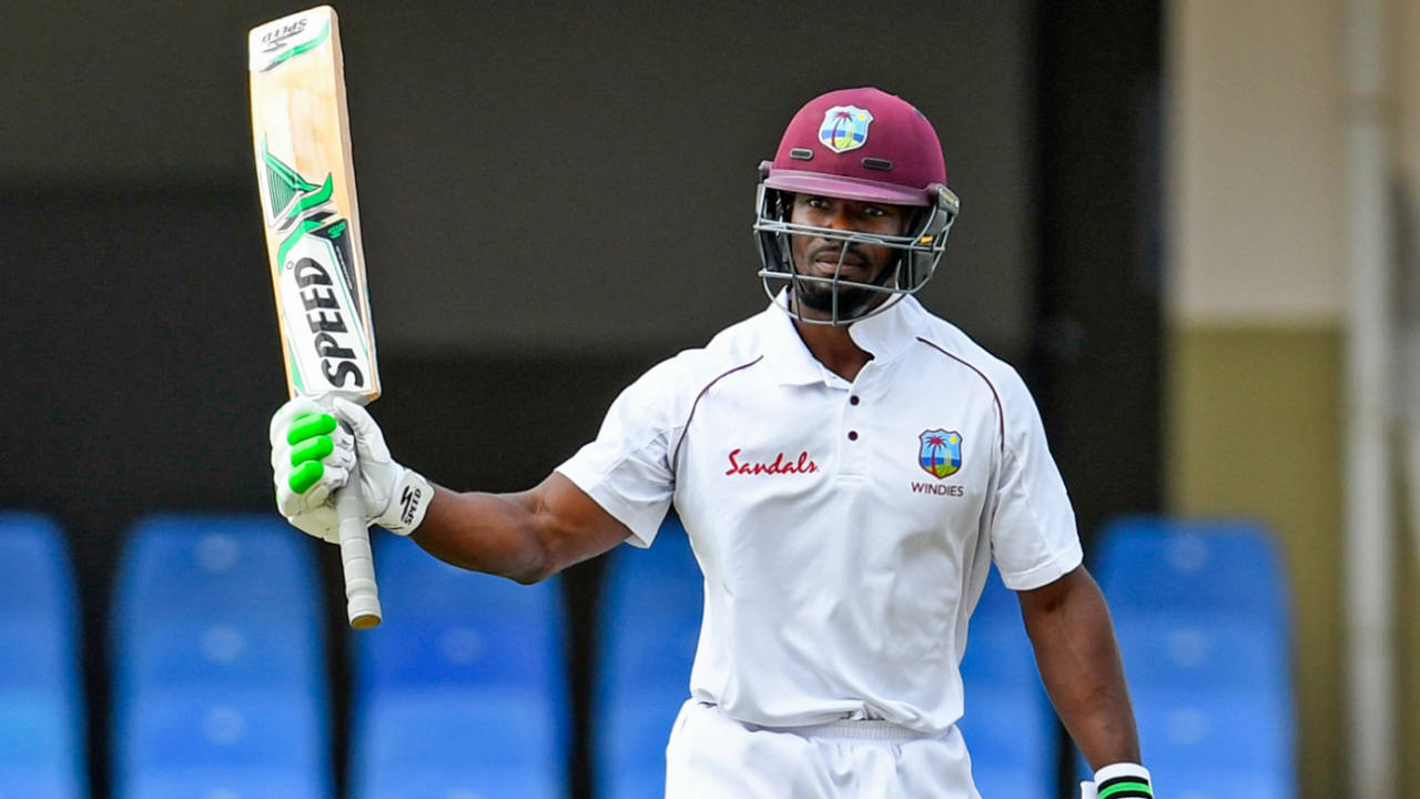 Devon Smith raises his bat after getting to his fifty, West Indies v Bangladesh, 1st Test, North Sound, 1st day, July 4, 2018