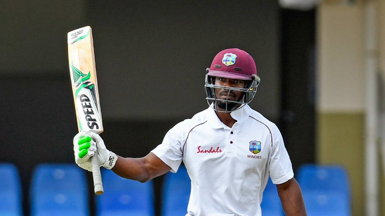 Devon Smith raises his bat after getting to his fifty, West Indies v Bangladesh, 1st Test, North Sound, 1st day, July 4, 2018