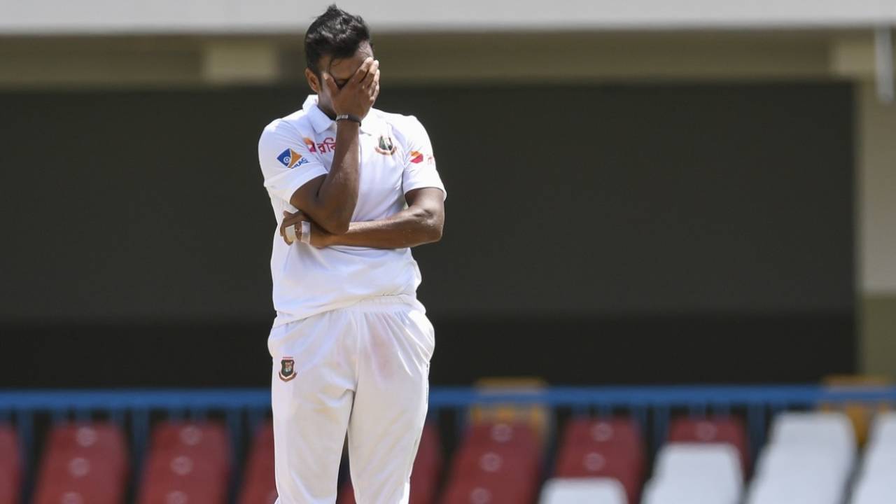 Kamrul Islam Rabbi reacts to a boundary, West Indies v Bangladesh, 1st Test, North Sound, 2nd day, July 5, 2018