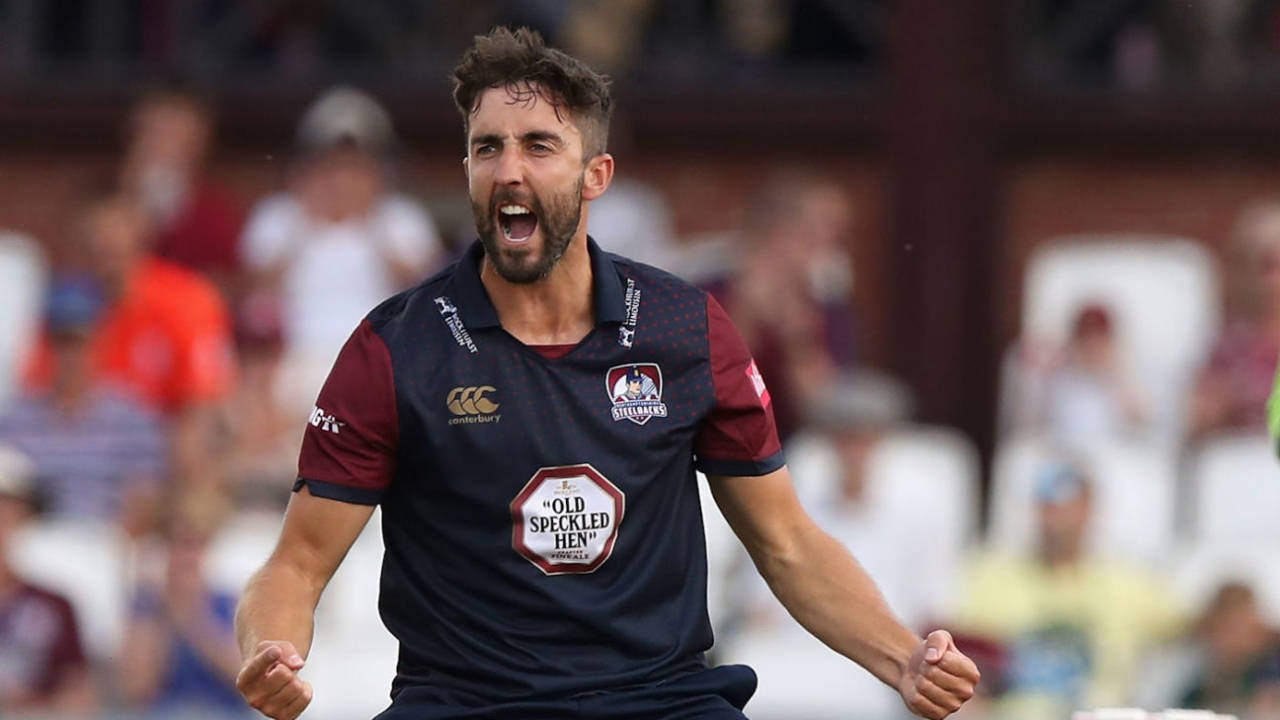 Ben Sanderson of Northamptonshire celebrates after bowling Riki Wessels during the Vitality Blast match between Northamptonshire Steelbacks and Nottinghamshire Outlaws at The County Ground on July 6, 2018