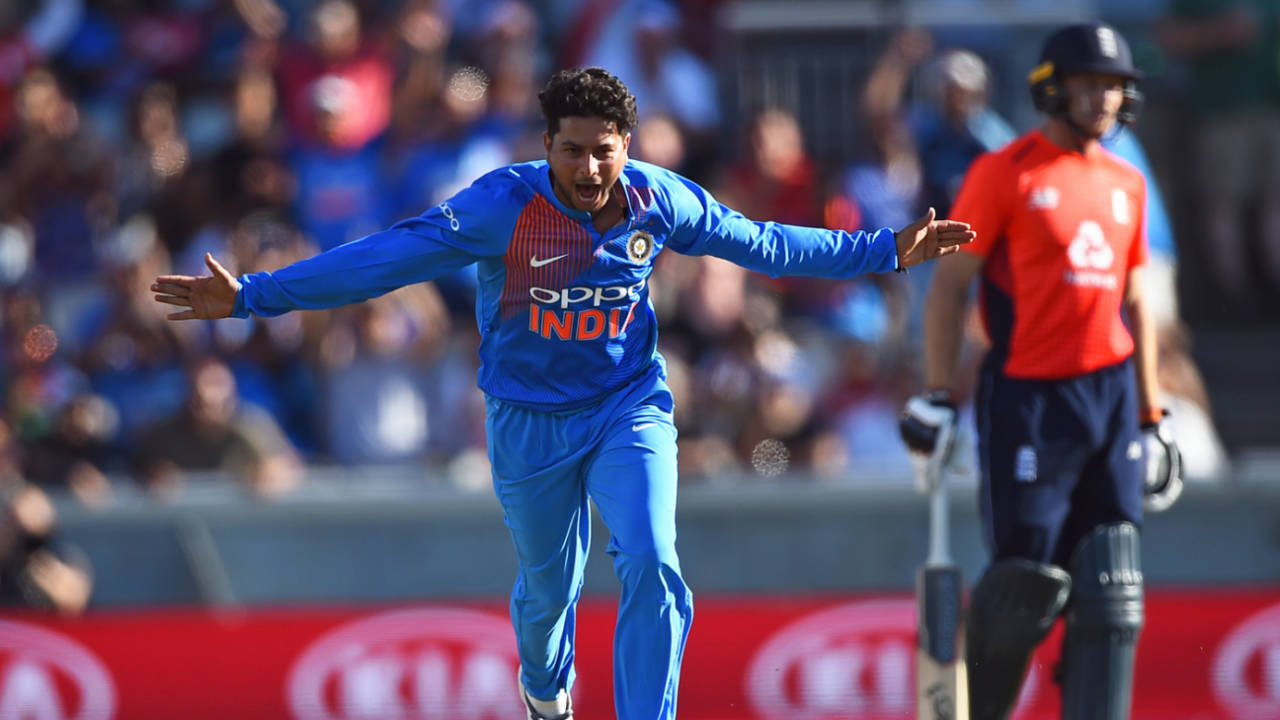 Kuldeep Yadav is delighted upon claiming a five-for, England v India, 1st T20I, Manchester, July 3, 2018
