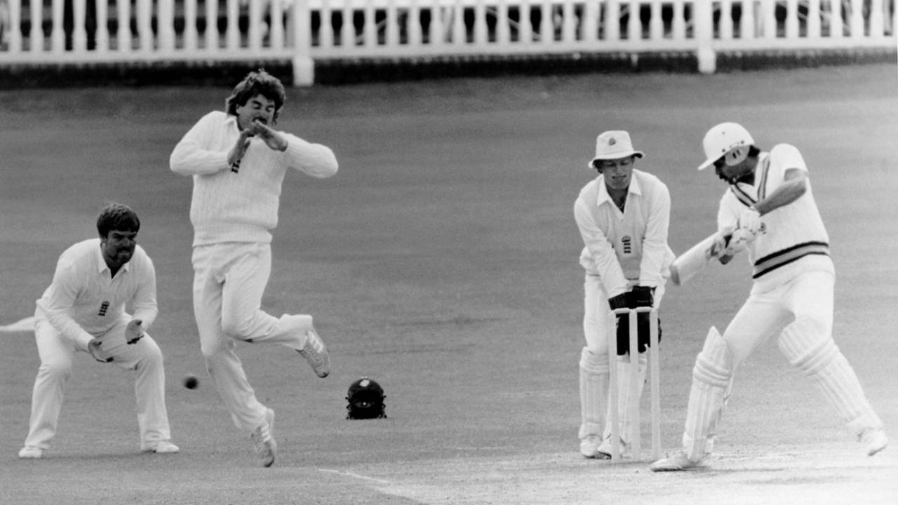 Allan Lamb takes evasive action as Kapil Dev cuts, England v India, first Test, Lord's, day five, June 10, 1986