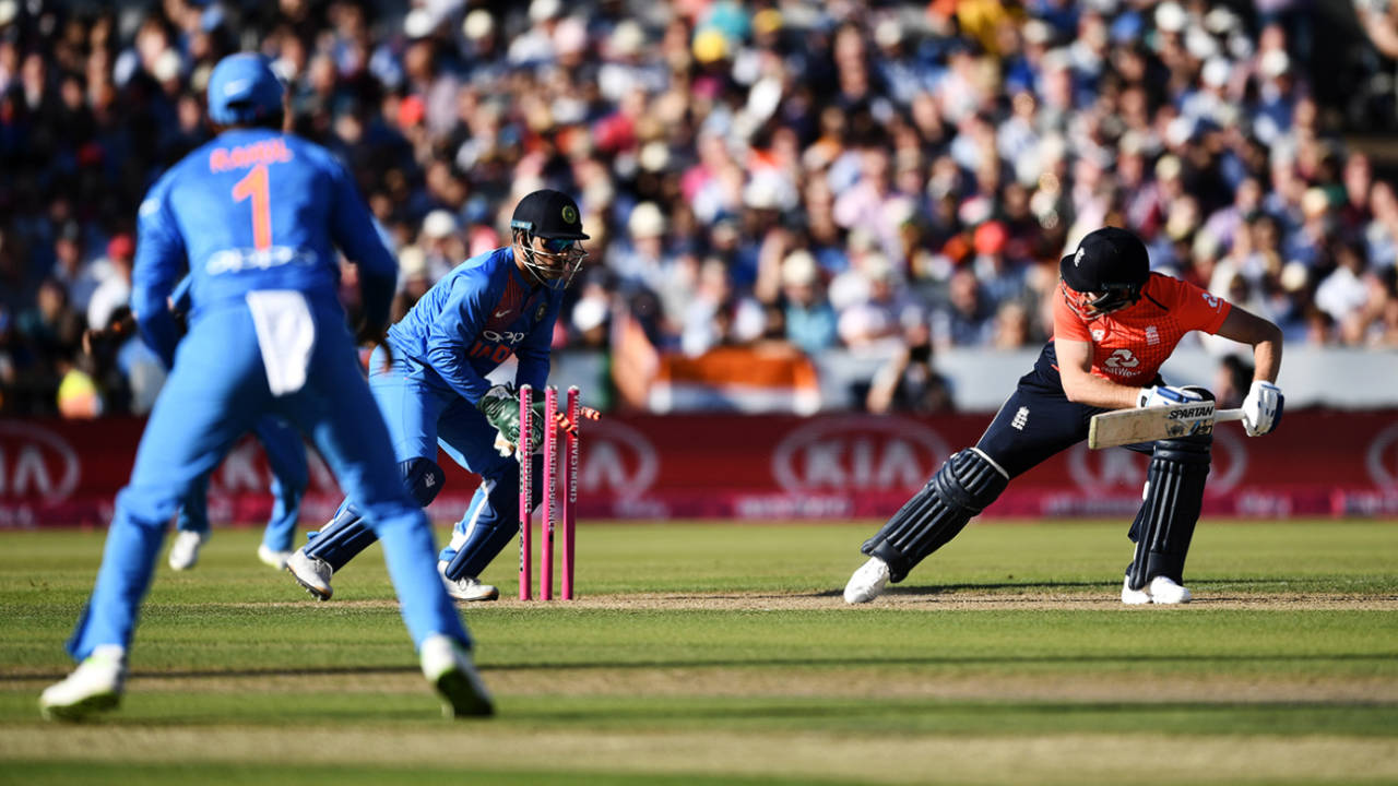 Jonny Bairstow is stumped by MS Dhoni off Kuldeep Yadav, England v India, 1st T20I, Manchester, July 3, 2018