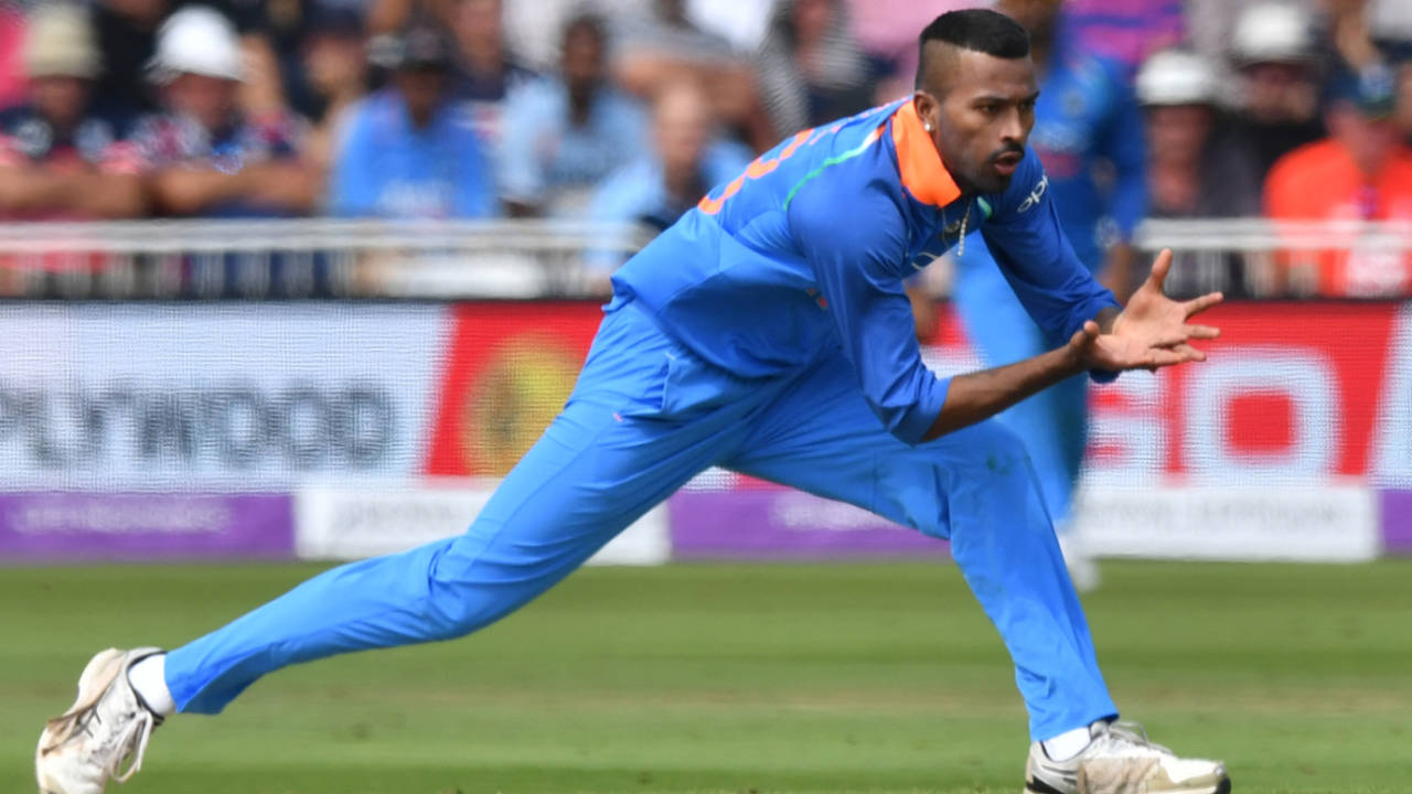 Hardik Pandya fields off his own bowling, England v India, 1st ODI, Nottingham, July 12, 2018