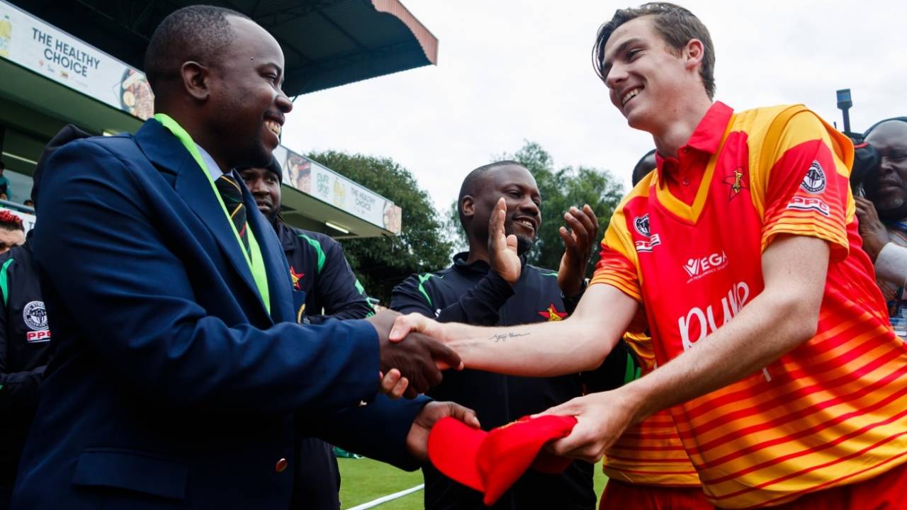 Liam Roche receives his maiden ODI cap from Prosper Utseya, Zimbabwe v Pakistan, 1st ODI, Bulawayo, July 13, 2018