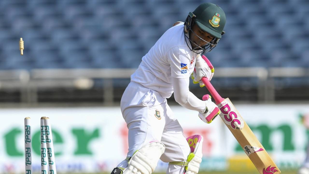 Mushfiqur Rahim gets bowled, West Indies v Bangladesh, 2nd Test, Jamaica, 3rd day, July 14, 2018