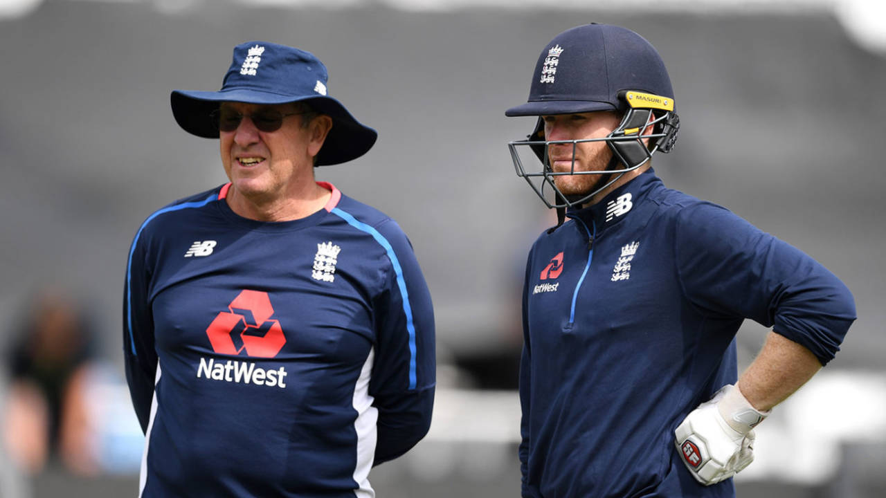 Trevor Bayliss and Eoin Morgan at training ahead of the third ODI, England Lions v India A, Worcester, July 16, 2018