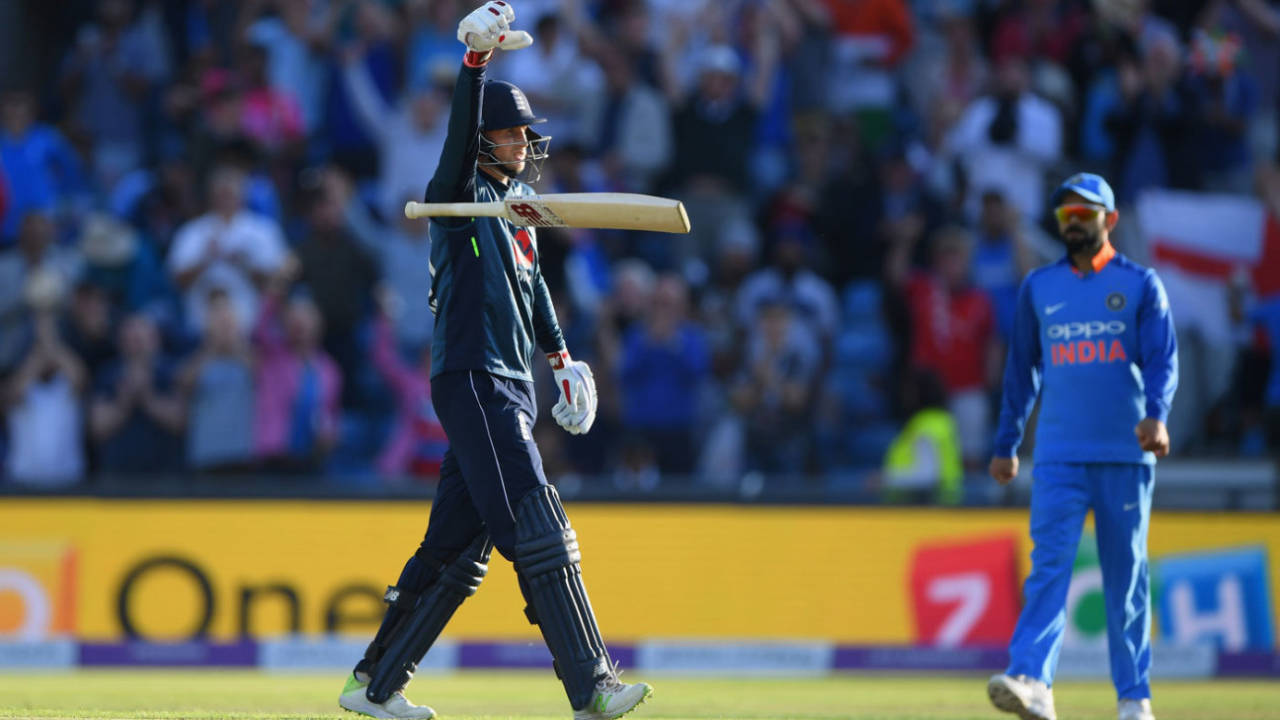 Joe Root's 'bat drop' celebration provoked a ribbing from his team-mates, England v India, 3rd ODI, Headingley, July 17, 2018
