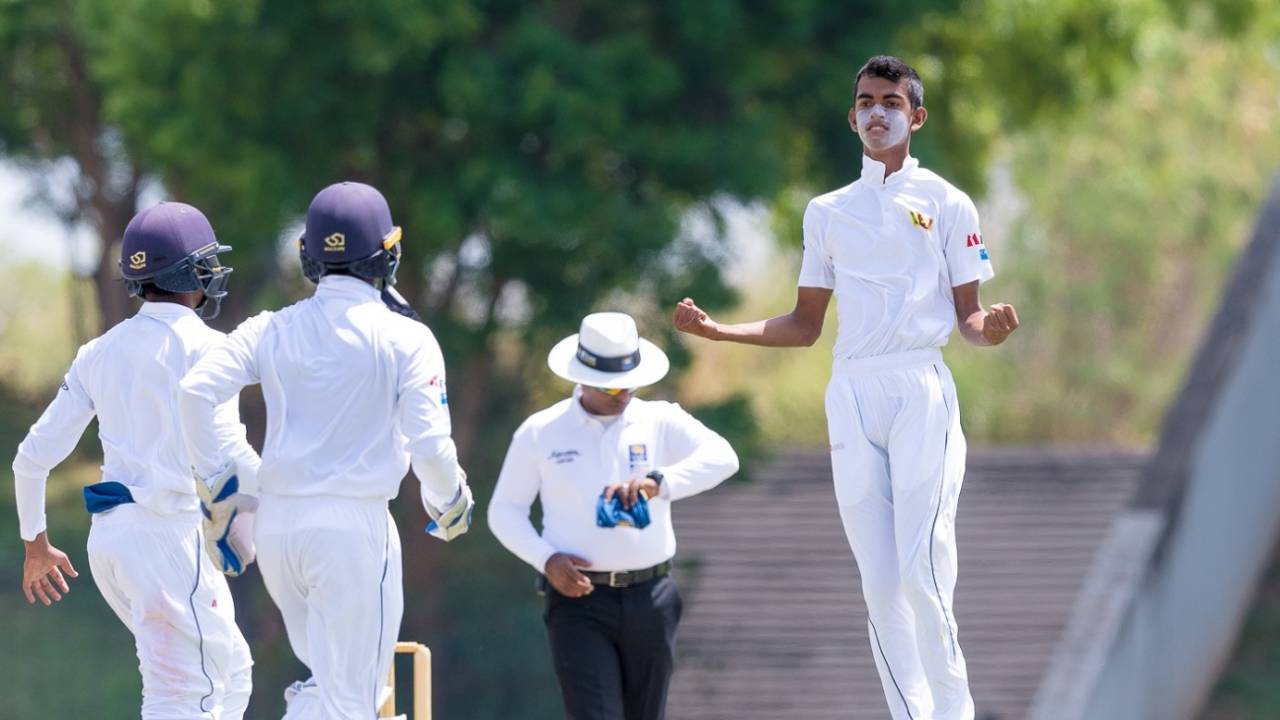Kalhara Senarathne celebrates a wicket, Sri Lanka v India, 2nd Youth Test, Hambantota, 1st day, July 24, 2018