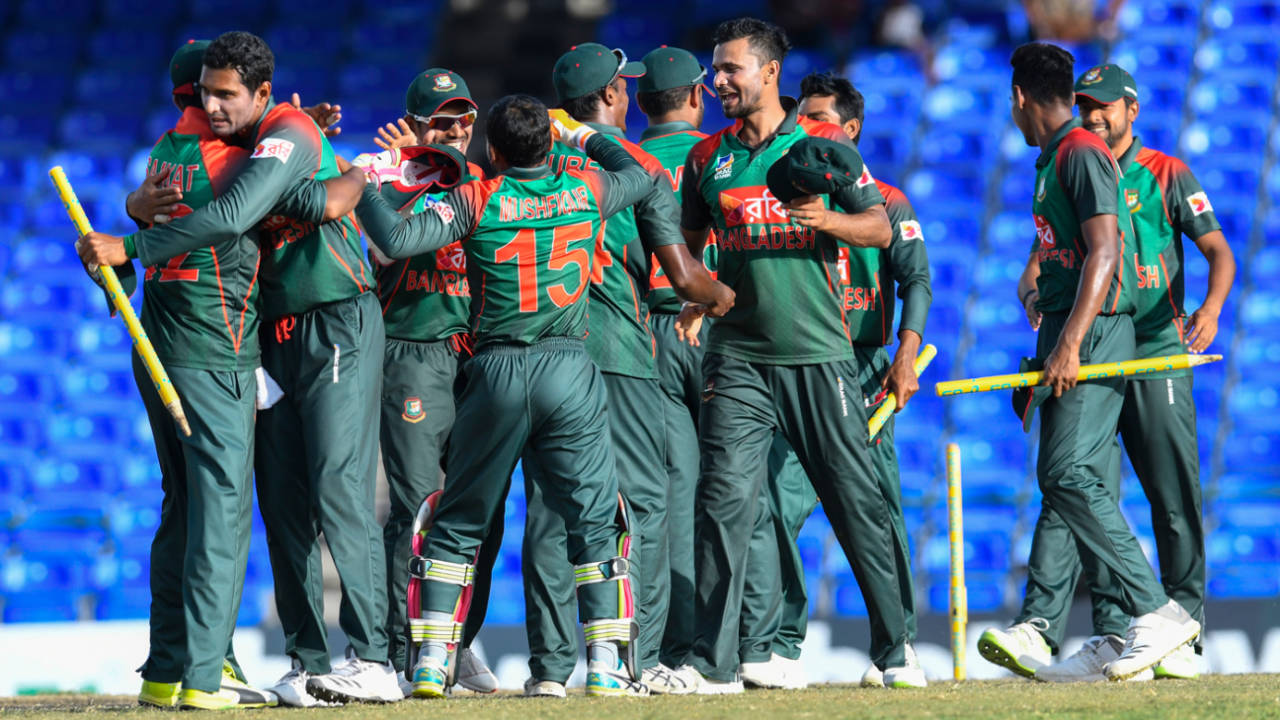 Bangladesh's players celebrate their 2-1 series win, West Indies v Bangladesh, 3rd ODI, Basseterre, July 28, 2018
