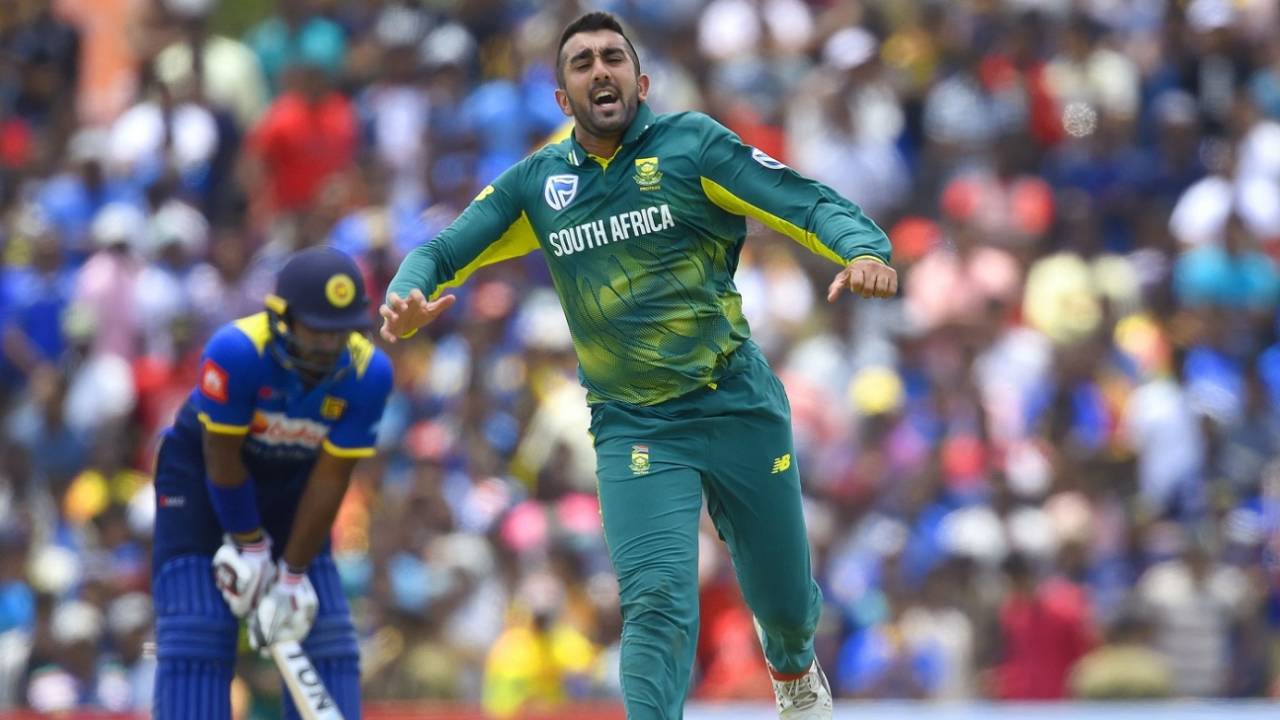 Tabraiz Shamsi wheels away after snaring a wicket, Sri Lanka v South Africa, 1st ODI, Dambulla, July 29, 2018