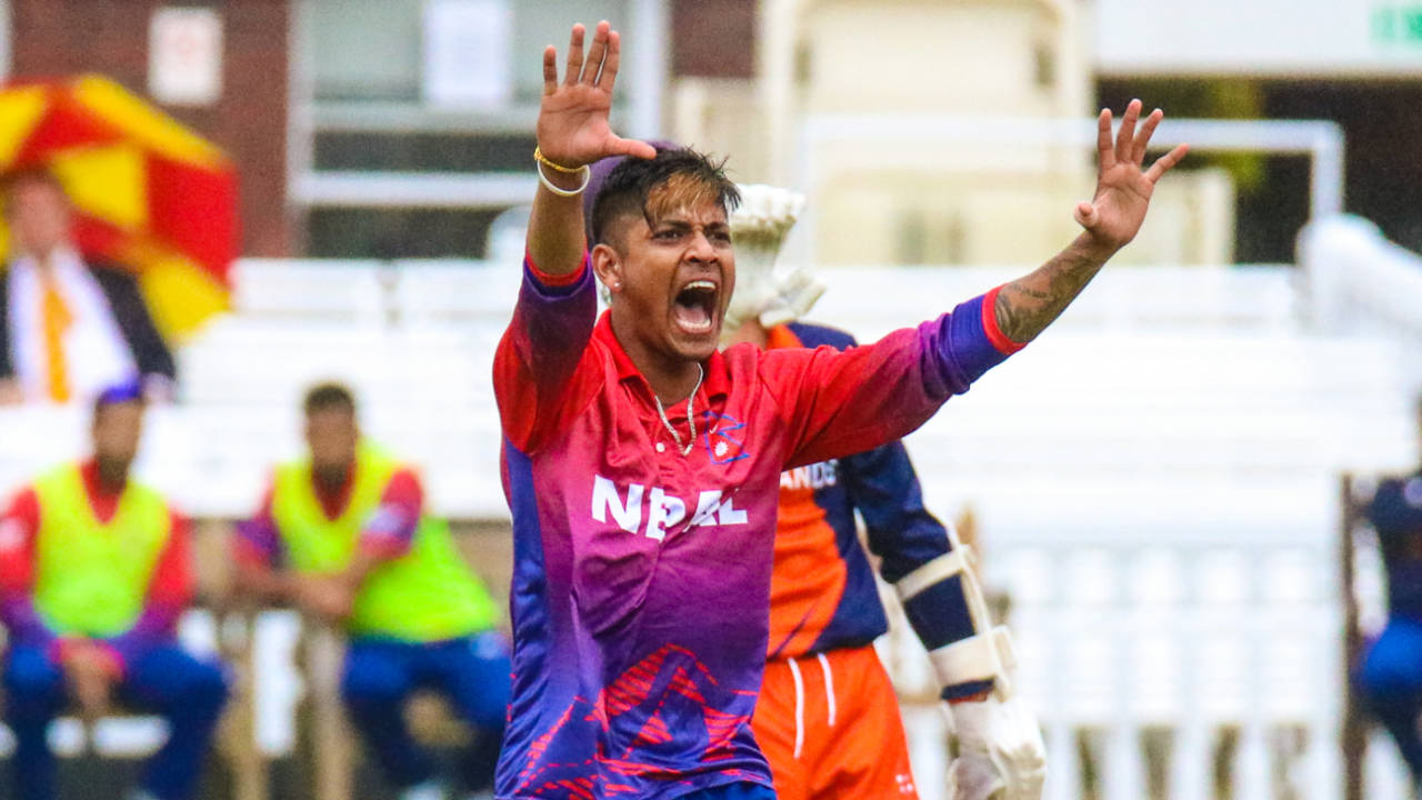Sandeep Lamichhane roars a strong appeal for lbw, Nepal v Netherlands, MCC Tri-Series, Lord's, July 29, 2018