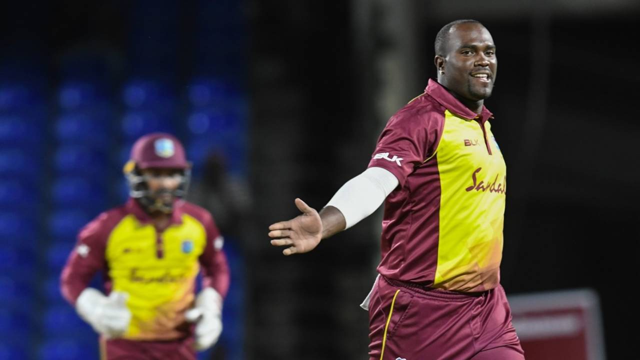 Ashley Nurse rejoices after picking up a wicket, West Indies v Bangladesh, 1st T20I, St Kitts, July 31, 2018