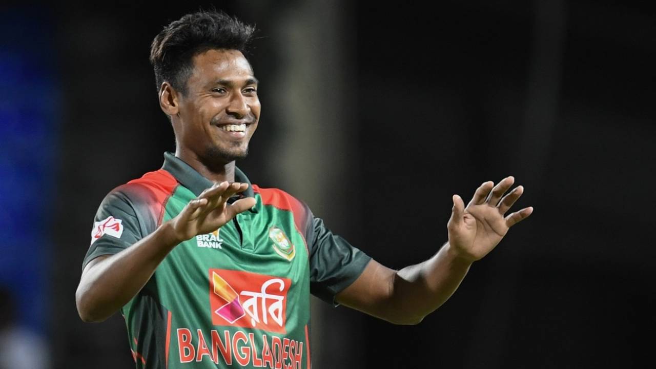 Mustafizur Rahman is chuffed after grabbing a wicket, West Indies v Bangladesh, 1st T20I, St Kitts, July 31, 2018