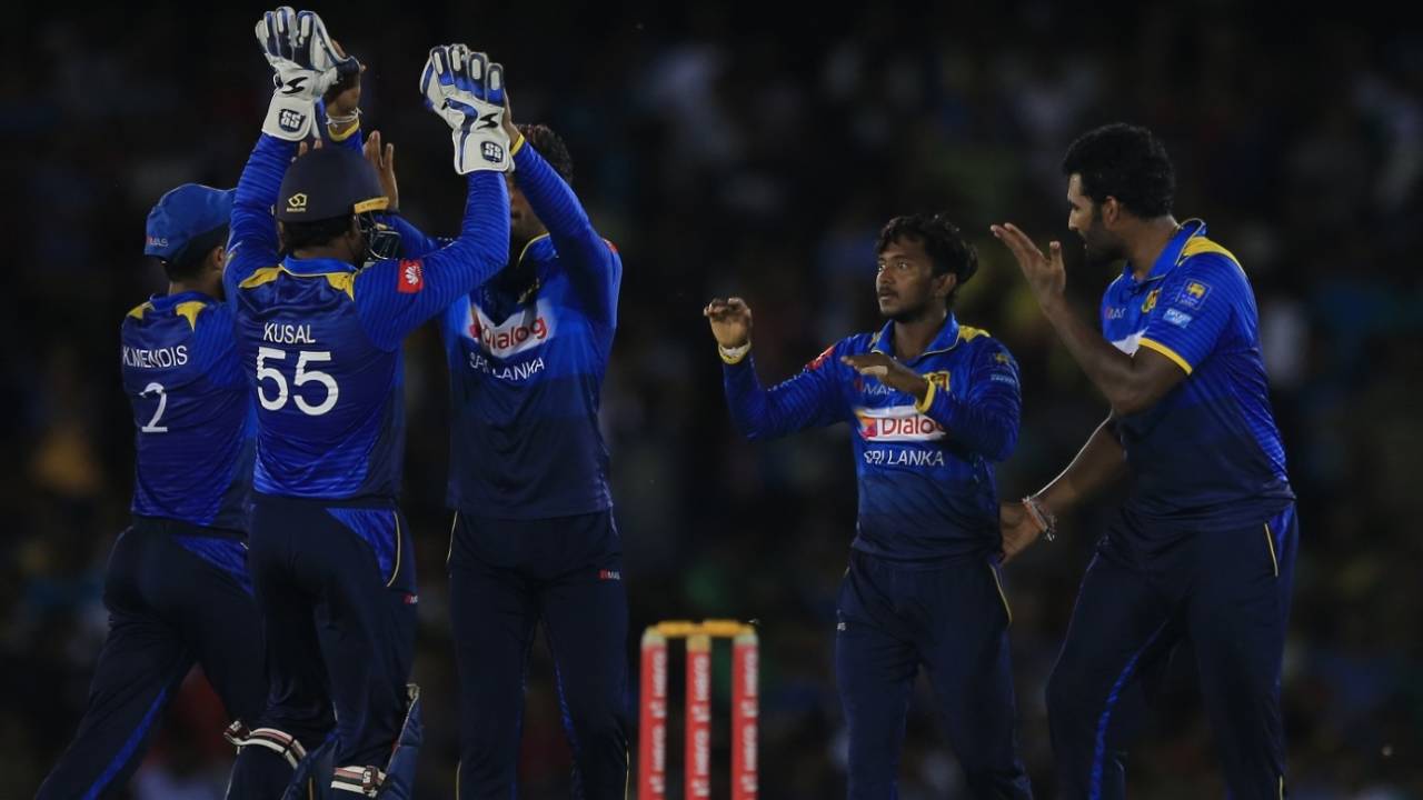 Akila Dananjaya celebrates a wicket with his team-mates, Sri Lanka v South Africa, 2nd ODI, Dambulla, August 1, 2018