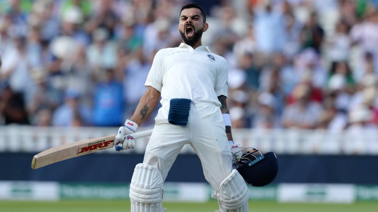 Virat Kohli exults after getting to his 22nd Test hundred, England v India, 1st Test, Edgbaston, 2nd day, August 2, 2018