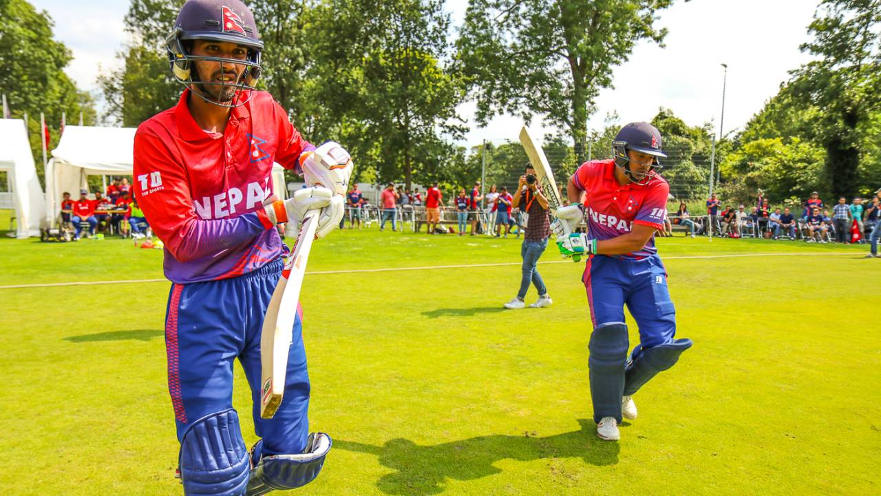 Anil Sah and Gyanendra Malla walk out to open Nepal's maiden ODI innings, Netherlands v Nepal, 1st ODI, Amstelveen, August 1, 2018