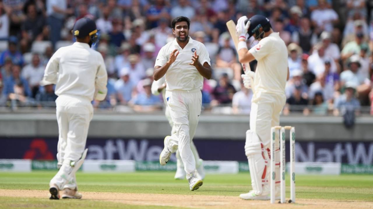 R Ashwin celebrates while Joe Root holds his head in agony , England v India, 1st Test, 3rd day, Edgbaston, August 3, 2018
