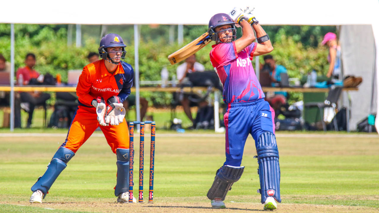 Paras Khadka drives Pieter Seelaar over long-on for six during his maiden ODI fifty, Netherlands v Nepal, 2nd ODI, Amstelveen, August 3, 2018