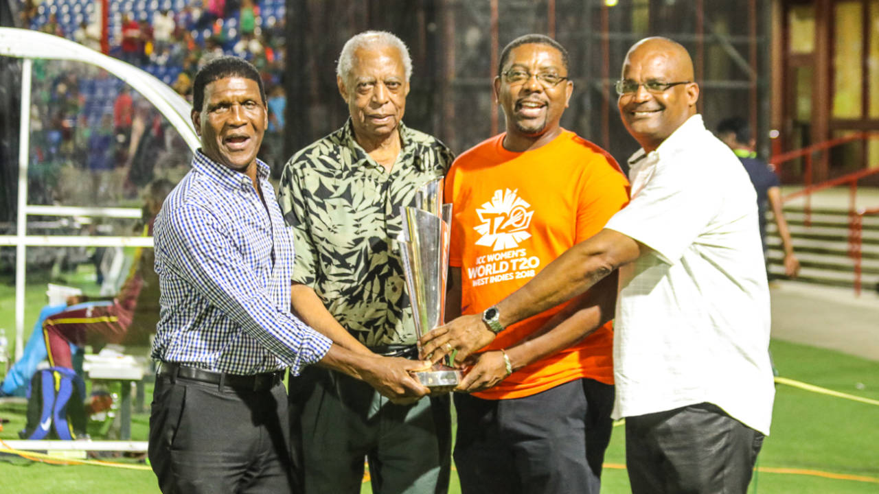 Lawrence Rowe, Lance Gibbs, CWI president Dave Cameron and vice-president Emmanuel Nanthan show off the Women's World T20 trophy, West Indies v Bangladesh, 2nd T20I, Lauderhill, August 4, 2018