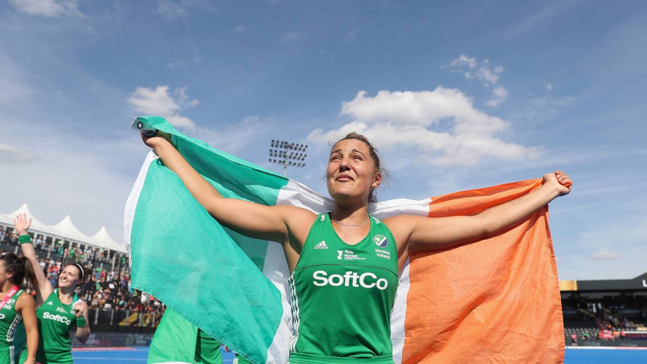 Elena Tice celebrates Ireland's win in the semi-final at the Lee Valley Hockey and Tennis Centre, Ireland v Spain, 2018 Women's Hockey World Cup, London, August 4, 2018