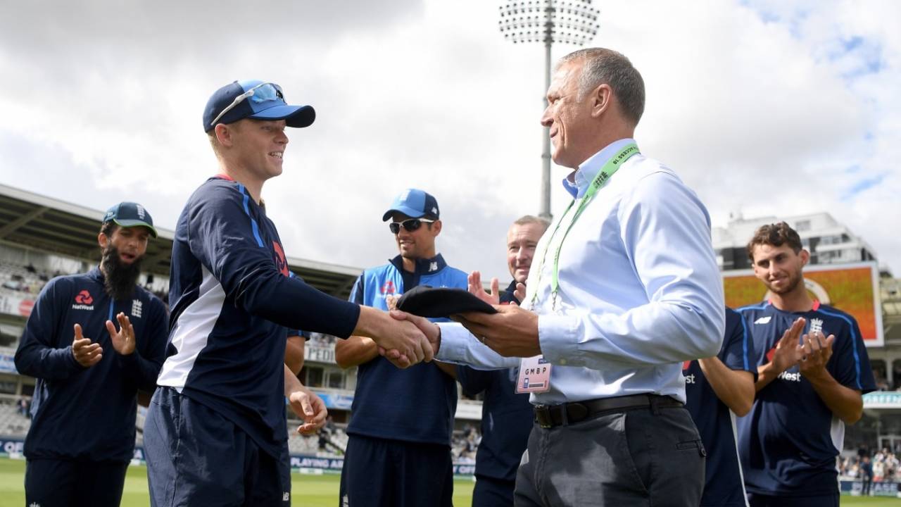 Ollie Pope receives his Test cap from Alec Stewart, England v India, 2nd Test, Lord's, 2nd day, August 10, 2018