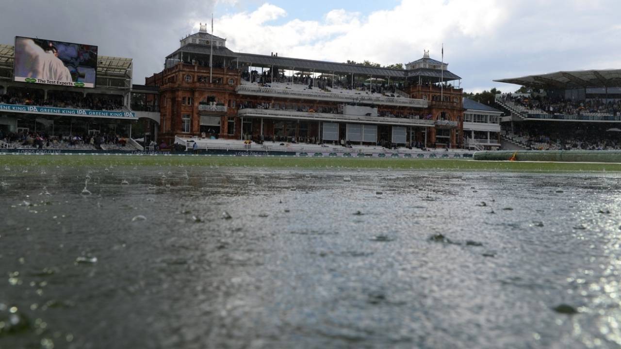 A puddle of water in the outfield as rain stops play, England v India, 2nd Test, Lord's, 2nd day, August 10, 2018