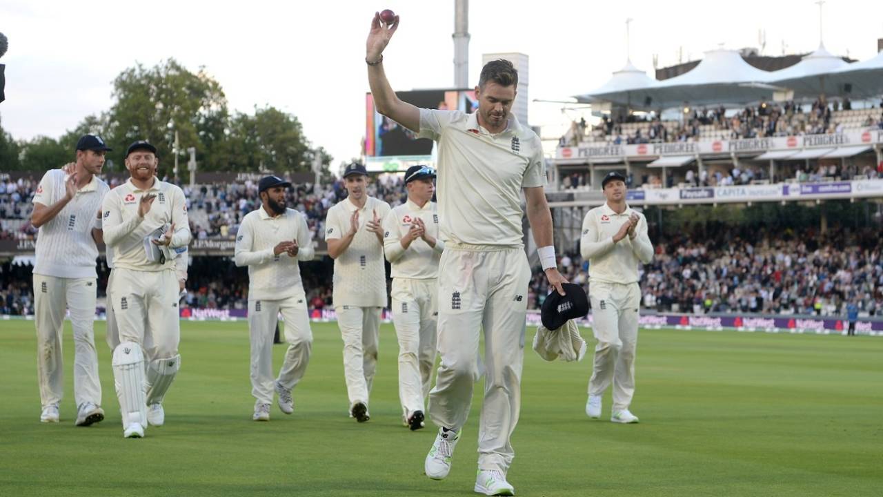 James Anderson raises the ball after his five-wicket haul, England v India, 2nd Test, Lord's, 2nd day, August 10, 2018