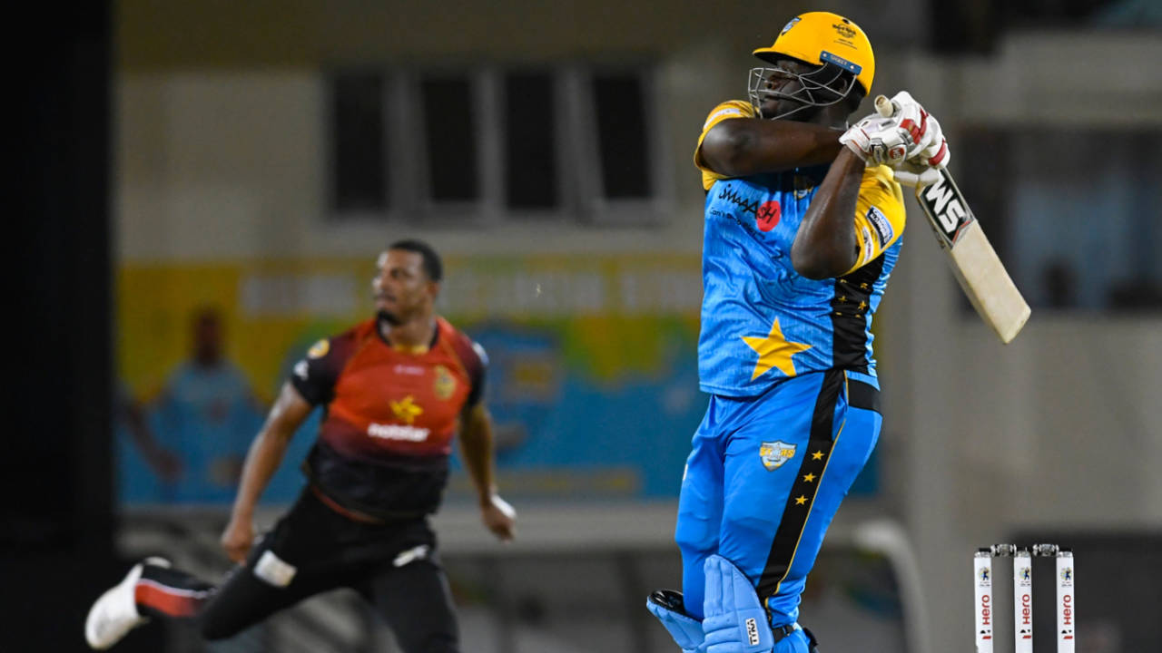 Rahkeem Cornwall clatters Shannon Gabriel over square leg, ST Lucia Stars v Trinbago Knight Riders, Gros Islet, August 16, 2018