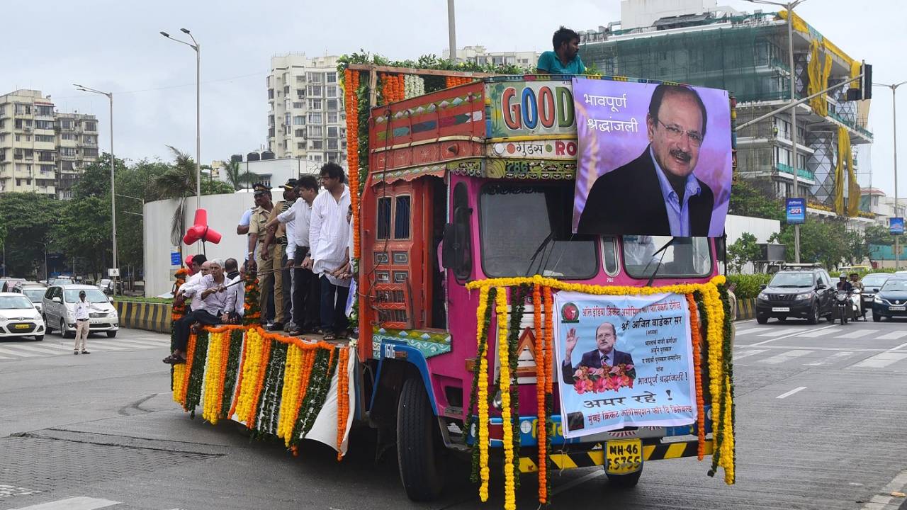 A truck carrying the body of Ajit Wadekar makes its way to a crematorium in Mumbai