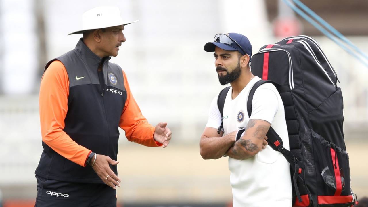 Ravi Shastri and Virat Kohli in discussion during a nets session, England v India, 3rd Test, Trent Bridge, August 17, 2018