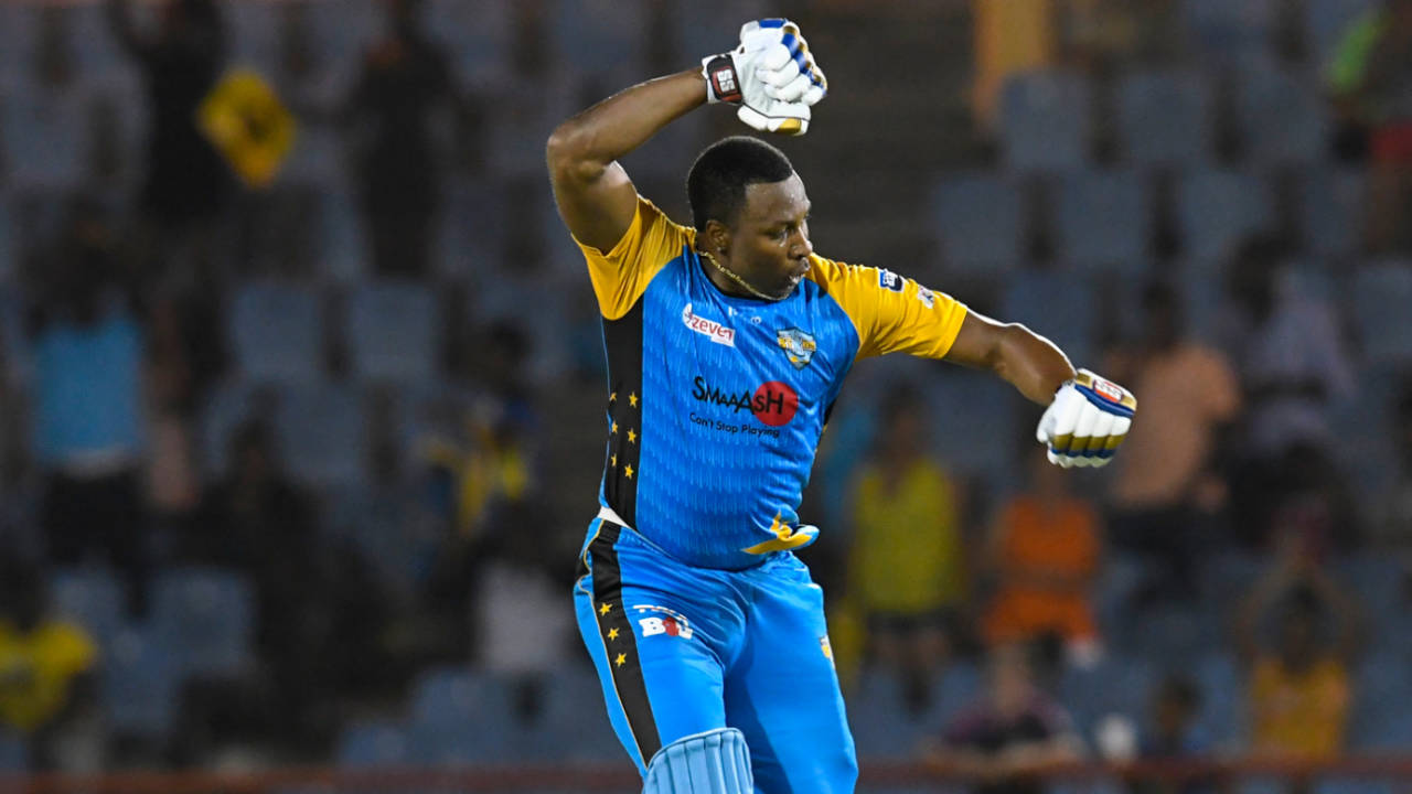 Kieron Pollard exults after bringing up his maiden T20 hundred, Stars v Tridents, CPL 2018, St Lucia, August 17, 2018