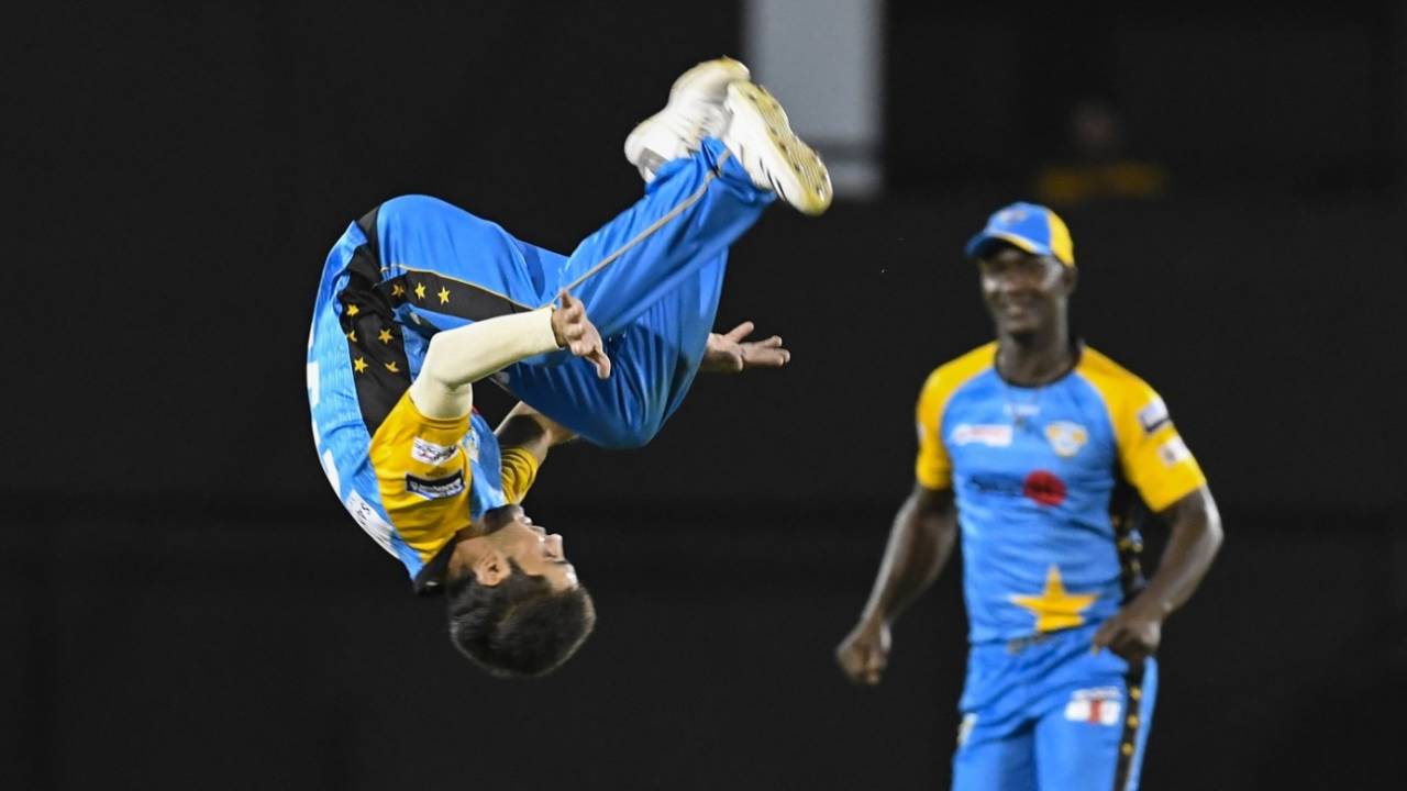 Qais Ahmed does a reverse somersault, Stars v Tridents, CPL 2018, St Lucia, August 17, 2018