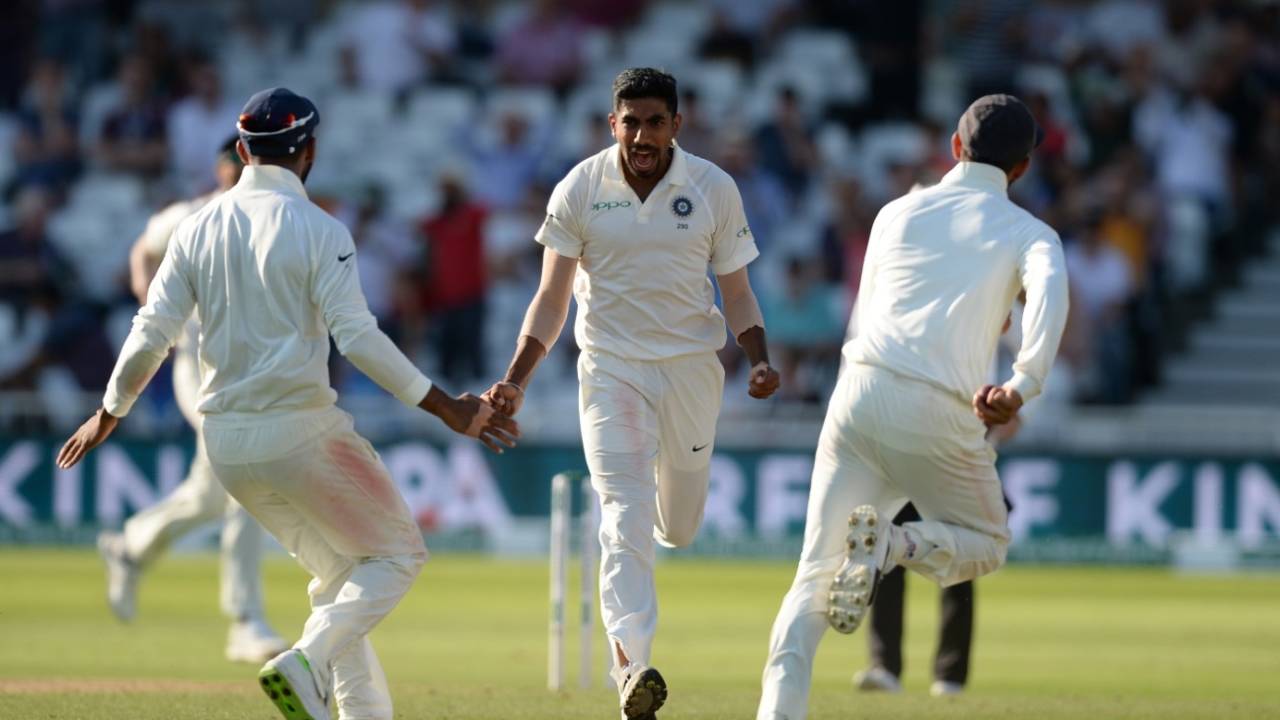 Jasprit Bumrah races to greet his teammates after tearing through England's middle order&nbsp;&nbsp;&bull;&nbsp;&nbsp;Getty Images