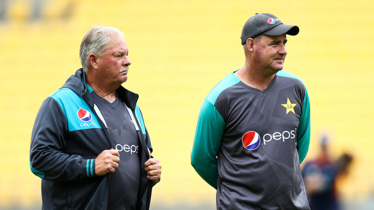 Pakistan fielding coach Steve Rixon (left) and head coach Mickey Arthur ahead of the game, New Zealand v Pakistan, 1st T20I, Wellington, January 22, 2018