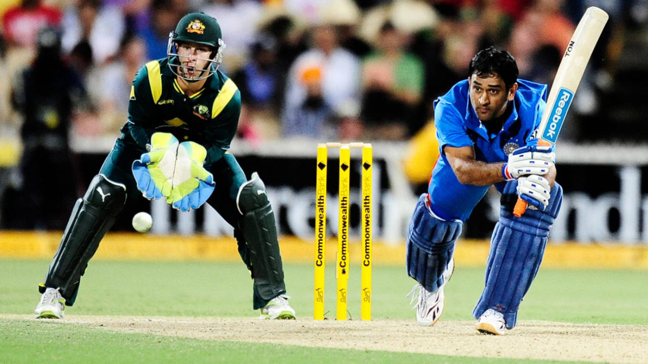MS Dhoni pushes the ball, Australia v India, Commonwealth Bank Series, Adelaide, February 12, 2012