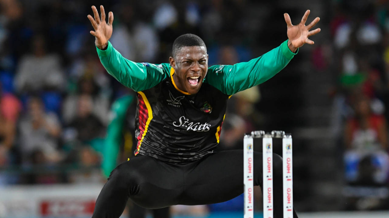 Sheldon Cottrell appeals for a wicket, St Kitts and Nevis Patriots v Guyana Amazon Warriors, CPL 2018, Basseterre, August 28, 2018