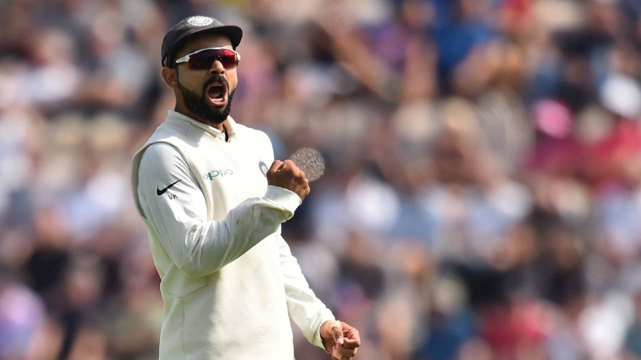 Virat Kohli exults after a wicket falls, England v India, 4th Test, Ageas Bowl, 3rd day, September 1, 2018