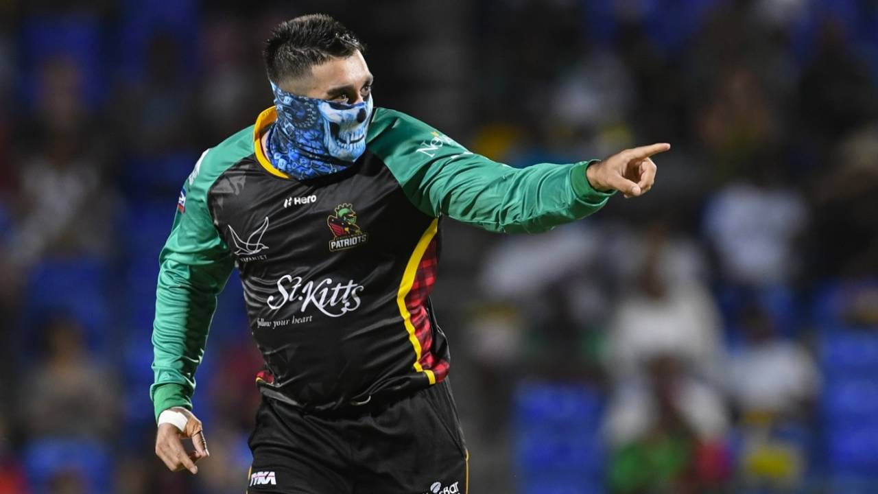 Tabraiz Shamsi brings out his masked man celebration, St Kitts and Nevis Patriots v Barbados Tridents, CPL 2018, September 4, 2018