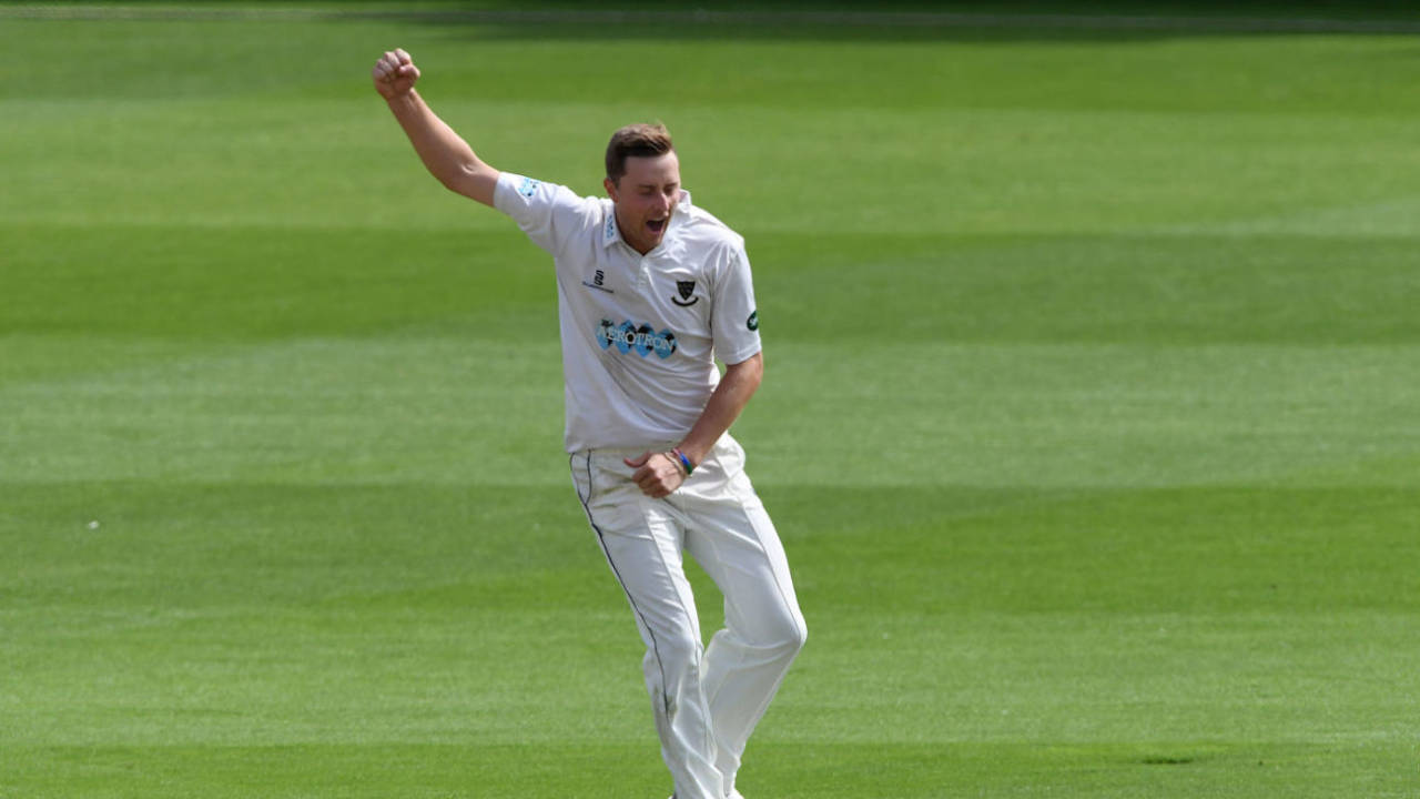 Ollie Robinson celebrates a wicket, Sussex v Derbyshire, Hove, Specsavers Championship Division Two, August 21, 2018