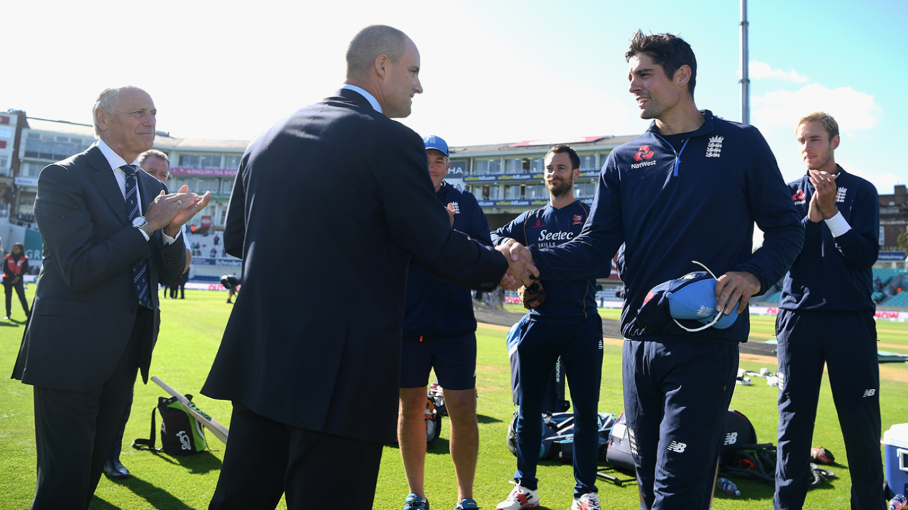 Alastair Cook receives a commemorative cap to mark his final Test appearance, England v India, The Oval, London, September 7, 2018