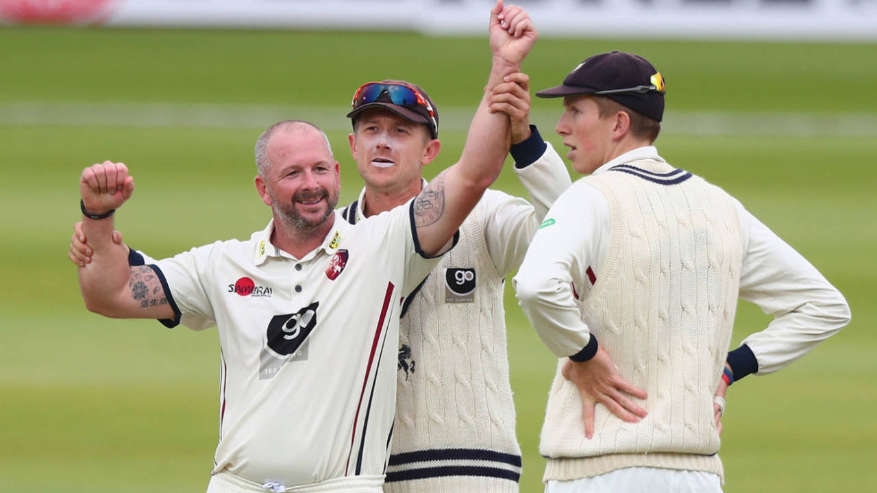 Darren Stevens celebrates with Joe Denly and Zak Crawley, Middlesex v Kent, County Championship, Division Two, Lord's, September 11, 2018