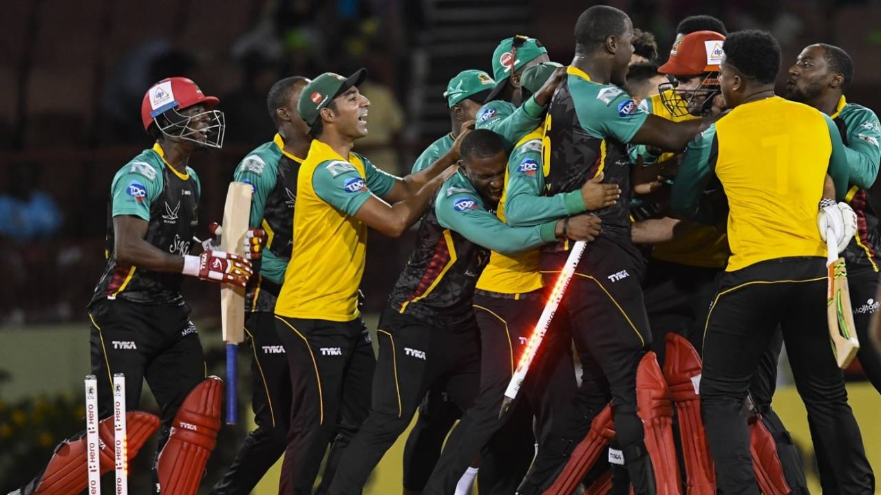 St Kitts and Nevis Patriots celebrate their win in the eliminator, Jamaica Tallawahs v St Kitts and Nevis Patriots, CPL 2018, Providence, September 12, 2018

