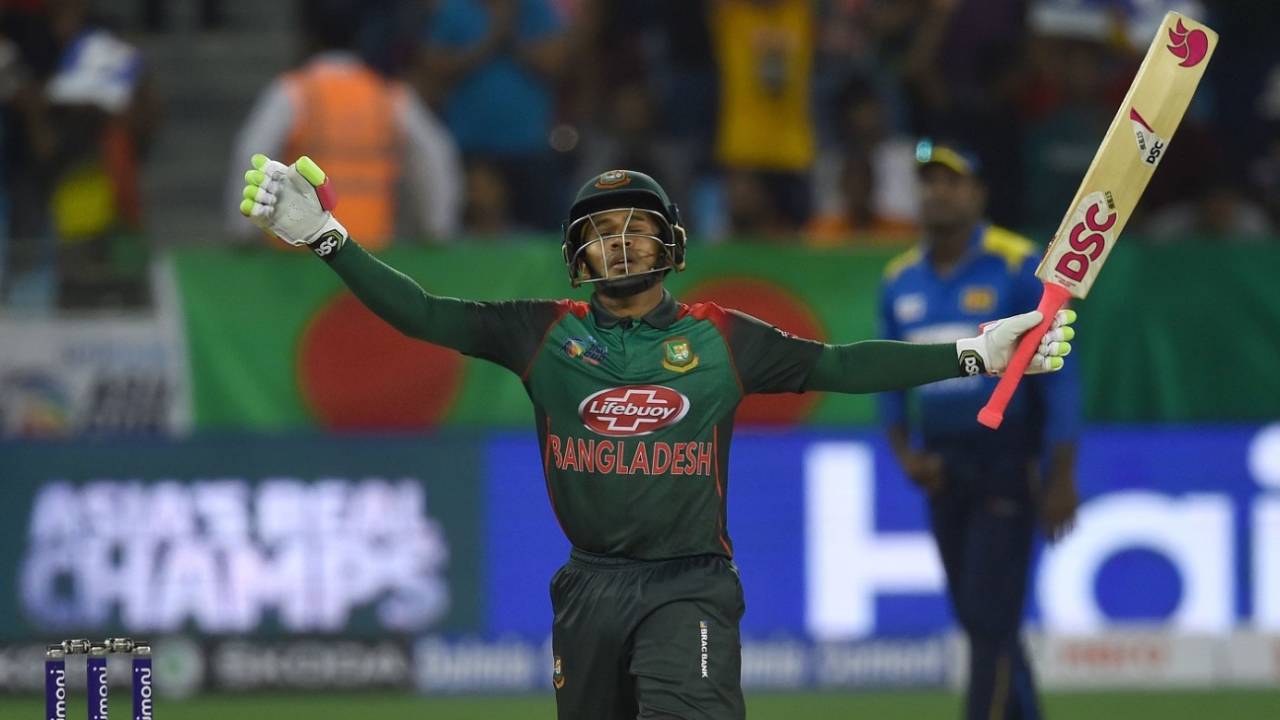 Mushfiqur Rahim celebrates after reaching his sixth ODI century, Sri Lanka v Bangladesh, Asia Cup 2018, Dubai, September 15, 2018
