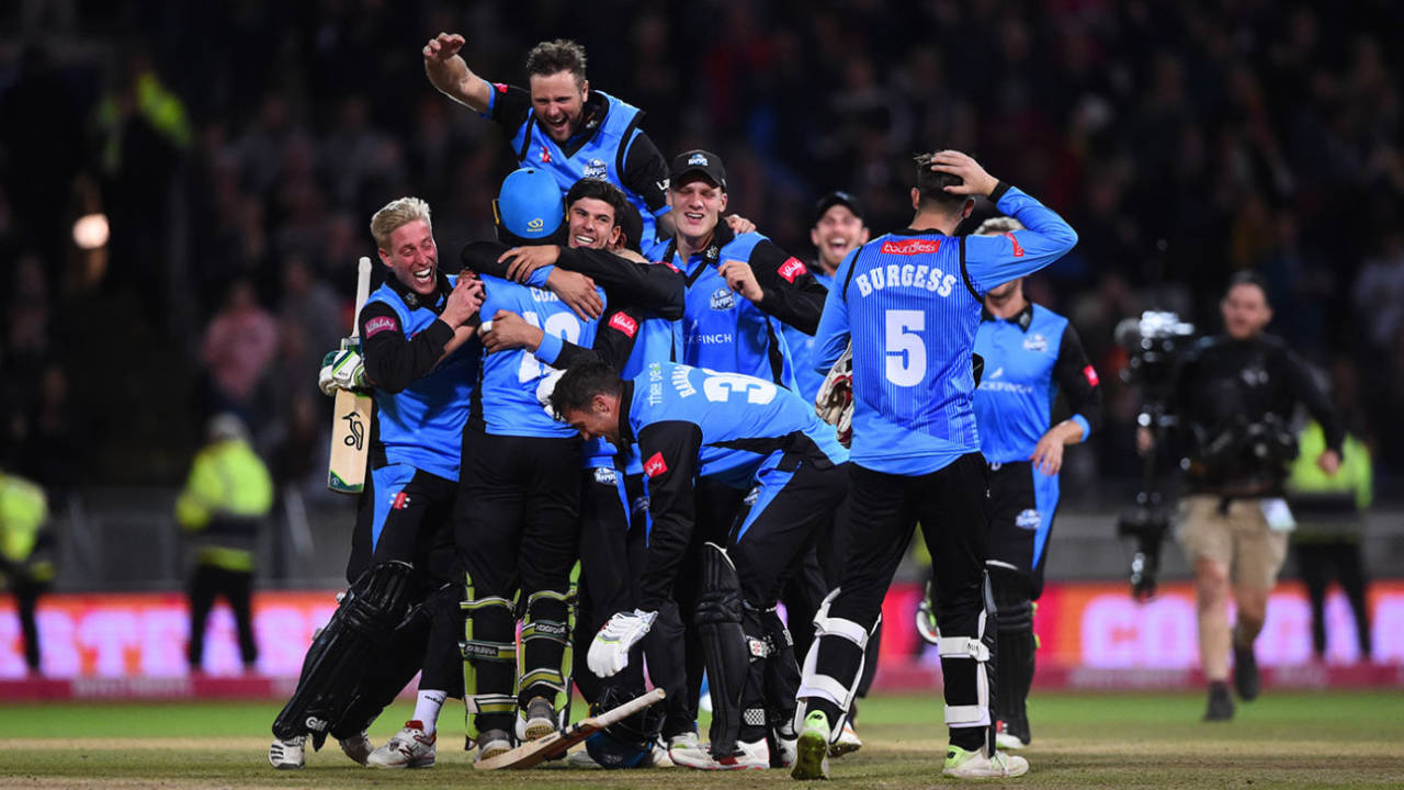 Pile on: Worcestershire celebrate the winning moment, Worcestershire v Sussex, T20 Blast, Final, Edgbaston, September 15, 2018